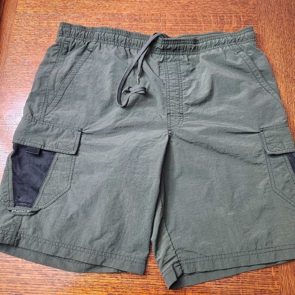 3/$25 Speedo mens swimsuit army green with velcro cargo pockets size 38